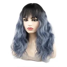 GÖRING FÄRG PERIG Huvudskydd Qi Bangs Curly Hair Black Haze Blue Color Head Cover Medium och Long Water Ripple Fake Head Cover