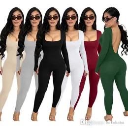 Women Jumpsuits Designer 2023 New Solid Color Square Neck Back Deep V Long Sleeve Yoga Bodysuits 6 Colours