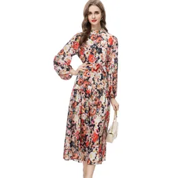 Women's Runway Dresses Stand Collar Long Sleeves Printed Floral A Line Fashion High Street Designer Mid Vestidos