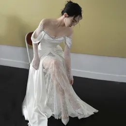 Vestido de novia elegante para mujer 2024 ilusión tul fuera del hombro encaje hendidura una línea mangas largas vestidos de novia Vestidos De Noiva Robes de Mariee