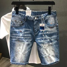 Mäns shorts män rippade hål denim shorts stretch hip hop färg splatter frayed streetwear trend förstörda vintage manliga jeans kort 230417