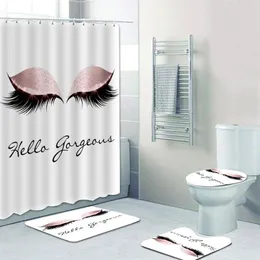 Na moda rosa ouro cílios cortina de chuveiro conjunto cortina do banheiro com tapete banho para toalete glitter olá linda decoração 2011232c
