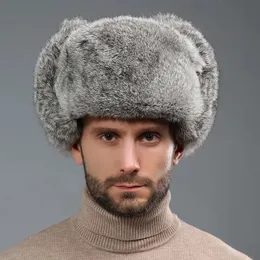 Czapki czapki czapki zima rosyjska kobieta Wholeskin Natural Rex Rabbit Fur Hats luksusowy prawdziwa skóra skórzana czapka Bomber Hat Ushanka 231117