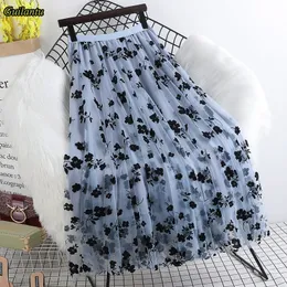 Skirts Guilantu Summer Mesh Print Floral Long Skirt Women Clothes Elastic High Waist Casual Pleated Vintage Mid-calf Tulle Skirts Woman 230417