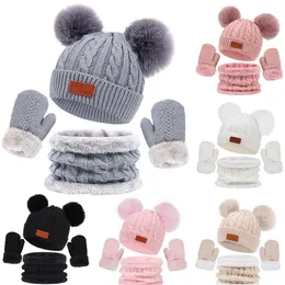 CAPS HATS Kids Winter Hat Scarf Gloves Set Double Ball Fleece Fooding Baby Hats For Boy Girl Solid Color Spädbarn Stickning Beanie Cap 1-4 år 231115