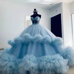 Sky Blue Quinceanera Dresses 2024 Ball Gown Beads Tulle Fluffy Off The Shoulder Evening Dress Sweet 16Tull Tiered Long Prom Dress