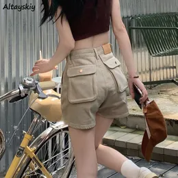 Women s Shorts Khaki Cargo Summer Thin High Waist Big Pockets American Sweet Loose Sexy All match Clothing Solid Daily Aesthetic Mujer 230417