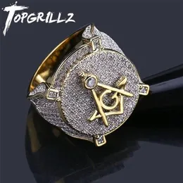Bandringar Topgrillz Hip Hop Gold Color Plated mässing Iced Out Micro Pave Cubic Zircon Masonic Ring Charm för män Gift med 7 8 9 321C