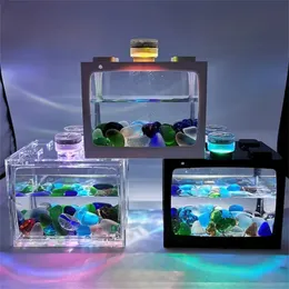 水族館7色のLEDライト付き小さな水槽デスクトップクリエイティブマイクロランドスケープエコロジーDIYミニトロピカル水族