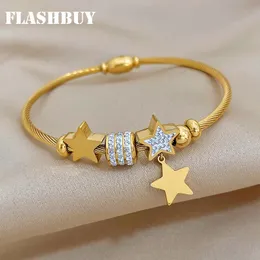 Cuff Flashbuy 316L Stainless Steel Gold Color Star Rhinestones Beaded Bracelet Women Fashion Girls Magnet Clasp Snake Chain Jewelry 231116