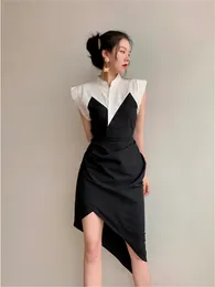 Women's casual dresses stand collar retro colo block sleeveless asymmetric shirt dress SMLXL