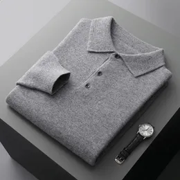 Suéter masculino 100% lã merino mens lapela pulôver manga longa polo pescoço suéter solto top negócios casual camisa de fundo de malha 231116