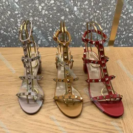 Lüks Slayt Tasarımcı Adam Sandal Kadın Perçin Yüksek Topuk Ayakkabı Moda Sandal Saç Pintili Fransız Strappy Deri 6cm Yüksek Topuklu Büyük Pointer Toe Roman Sandal