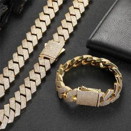 19mm de largura gelado para fora correntes bling cz pedra banhado a ouro miami cubana link corrente colar pulseira masculino hip hop colares jóias308c