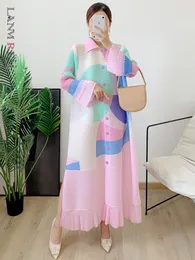 Casual Dresses Lanmrem Maxi veckad klänning för kvinnor LAPEL Single Breasted Long Sleeves Color Block Tassel Hem Loose Clic Clothing Autumn 2R5928 230417