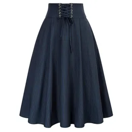 Skirts Belle Poque Women Vintage A Line Midi Skirt High Waist Striped Pleated Skirt Lace Up Gothic Victorian Skirt With Pockets A30 230417