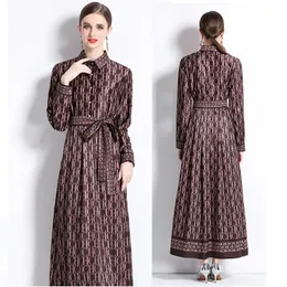 Abito maxi camicia da donna kaki Abito firmato Manica lunga Risvolto Nastro Allacciato Fiocco Vita Sottile Elegante Stampa Abiti da vacanza 2023 Primavera Autunno Pista Abiti da festa casual