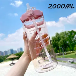 water bottle 2L Grote Capaciteit Waterfles Met Tijd Marker Portable Bpa Gratis Stro Cup Lekvrij Drinken Fles Outdoor Sport Fitness Gym Sports P230324