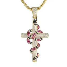 18k Gold Plated Ed Coral Snake Cross Pendant in White Gold Iced Out Zircon Bling Hip Hop Jewelry Gift291w