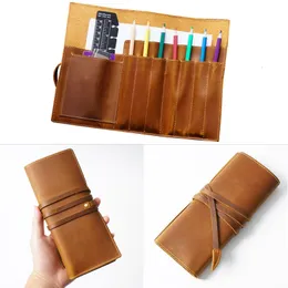 Pencil Bags 100% Genuine Leather Pen Bag Pouch Handmade Vintage Retro Style Pencilcase Portable Cowhide Stationary Holder Pencil Case Gift 230417