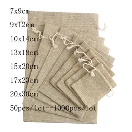 Takı Kutuları 50pcs/Lot 7x9 9x12 10x14cm Jüt Hediye Çantaları Pamuk Keten Takı Çantaları Drawstring AMBACHEG TANTA DÜNYA ÇAVA ÇAĞRI ÇAĞRI ÇANTALARI 231116