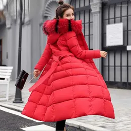 여자 다운 겨울 파카 긴 면화 코트 캐주얼 모피 칼라 대형 파카 벨트 세련 재킷 코트 여성 의류