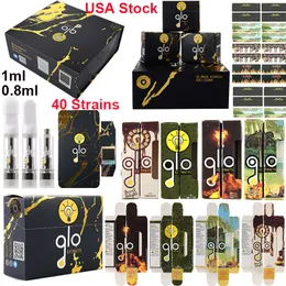 USA Warehouse GLO Atomizers Tap NFC Verify Starter Kits Packaging 40 Strains Vape Cartridges 0.8ml 1ml Ceramic Coil Empty Thick Oil Carts Vaporizers 510 Thread