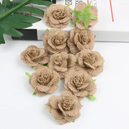 Decorative Flowers Handmade Wedding Party Decoration Linen Flower 10Pcs Burlap Christmas Rose DIY Rustic Xmas Decor