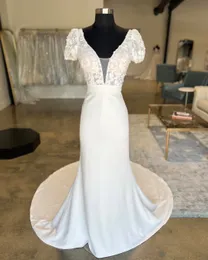 2023 Nov Arabic Aso Ebi Plus Size Lace Backless Mermaid Wedding Dress Deep V-neck Satin Sexy Bridal Gowns Dresses ZJ066