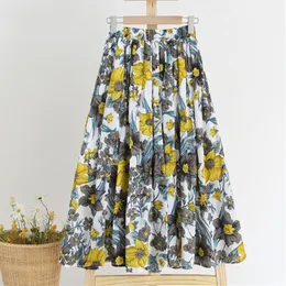 Kjolar oumengka sommar kjolar kvinnor vintage blommor tryck bomull elastisk hög midja casual midi kjol damkläder jupe 230417