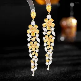 Dangle Earrings 1 Pair Trendy Full-Jewelled Flower Drop Earring Long CZ Tassel Luxury Women Party Wedding Accessories Fashion Ear Jewelry