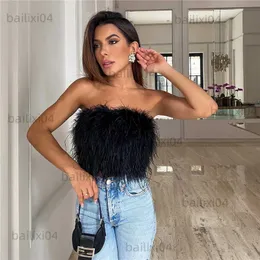 Tanques femininos Camis Mulheres Artificial Pele Pena Crop Top Colete Sem Mangas Cor Sólida Strapless Fluffy Backless Slim Fit Tube Tops Streetwear Y2K T230417