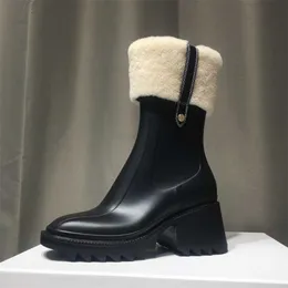 Chic High Quality Winter Boots Women Betty Boots Pvc Rubber Beeled Platform Knee-high Tall Rain Snow Boot Black Waterproof Welly Shoes Outdoor Rainshoes High