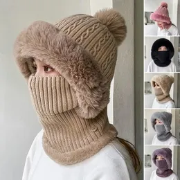 BeanieSkull Caps Chapéu de malha Pompom Orelhas de pelúcia Proteção Cor sólida Outono Inverno Mulheres Capa de rosto Pescoço Gaiter Warmer Beanie Cap para esqui 231116