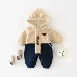 Pagliaccetti Autunno Inverno nato neonato orso cartone animato più velluto addensare cardigan pagliaccetto ragazzo ragazza bambino splicing lettera tuta bambino tutina 231116