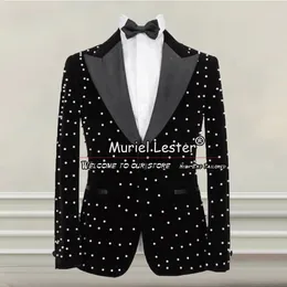 Mens Suit Blazers Groom Wear Suit Jacket Jacket Handmade Pearls Velvet Coat Tailormade Single Breast Blazer 정식 연회 파티 파티 드레스 231116