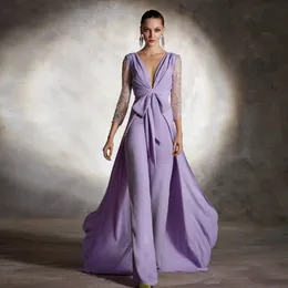 Lilac Empire Beaded Evening Dresses Overskirt Jumpsuit Formal Gowns Ruched Pants Suit Long Sleeve Celebrity Dress