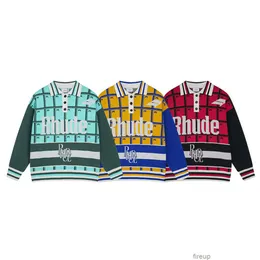 Tasarımcı Sweaters Erkek Kazak Hoodie Rhude High Street Sclice Kontrast Polo Mektup Jacquard Örme Gömlek Erkek Kadınlar Sonbahar/Kış Kazak Top