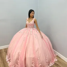 Pink Sexy V-Neck Ball Gown Quinceanera Dresses 15 Party Birthday Applique Lace Vestidos De Debutante Ballkleid Hot