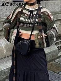 سترات من سترات النساء y2K Stripe Hollow Out Fishnet Subsits Smock Crops Tops Women Fairycore Sweater Sweater Grunge Cloth 231116