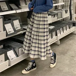 Skirts Vintage Cotton Plaid High Waisted Mid-Length Summer A- line Pleated Skirt Woman Skirts Mujer Faldas Saias Mulher 230417