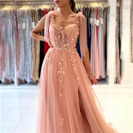 Spaghetti Strap Evening Gown Coral Pink Prom Dress Lace Evening Dress with High Split