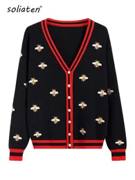 Womens Sweaters High Quality Fashion Designer Bee Embroidery Cardigan Long Sleeve Single Breasted Contrast Color Button Knitted Sweaters C068 231116