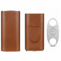 Anpassad ny design Brown Cigar Leather Humidor Box Luxury Portable Travel Cigar Set med rostfritt stålskärare