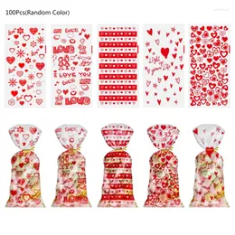 Present Wrap 100 PCS Valentine's Day Heart Cellophane Påsar med Twist Ties Holiday Favor Treat For Chocolate Cookie M6ce