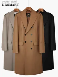 Męskie płaszcze płaszcze czesane wełniane wełniane płaszcz męski nad kolanem podwójnie piersi brytyjski smak gęstwy gęstny w dół wewnętrzny płaszcz dla mężczyzn Q231118