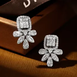 Flower Lab Diamond Dangle Earring 100% prawdziwy 925 Srebrny srebrny kolczyki dla kobiet dla kobiet Bridal Promise Prezent biżuterii