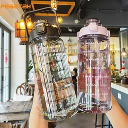 water bottle 2L/1L Water Bottle With Straw Time Marker Plastic Travel Water Cup Gradient Color Large Capacity Frosted Outdoor Sports Bottles P230324