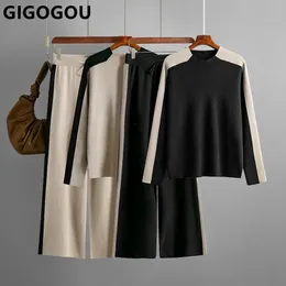 Женские брюки-двойки GIGOGOU CHIC Широкие брюки Спортивные костюмы Осень-зима Вязаные пуловеры Свитера Комплекты из 2 предметов Брюки полной длины Костюмы Ткань 231117