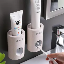 Ecoco dispensador automático de pasta de dente, suporte de escova de dentes à prova de poeira, palha de trigo, espremedor de pasta de dente montado na parede para banheiro290q